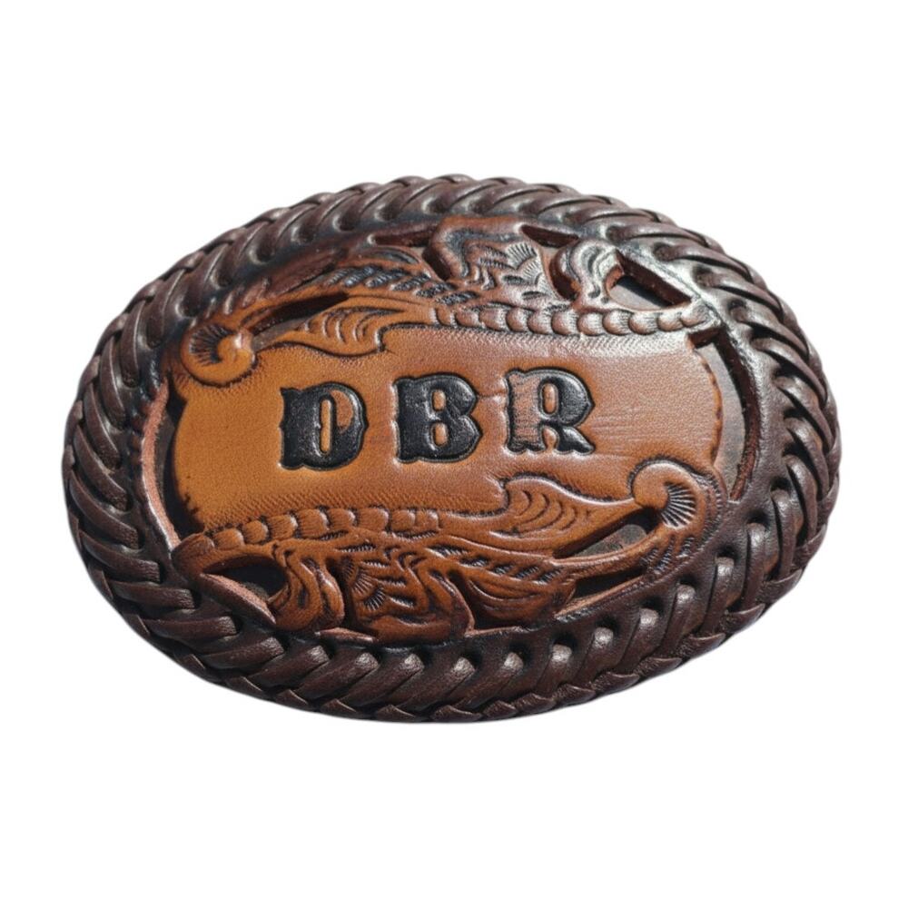 VTG Handmade Leather Belt Buckle Tooled Western Floral DBR Initials Cowboy Rodeo